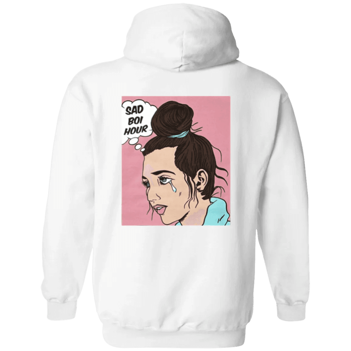 NinoGear Sad Boi Hour hoodie in white with a graphic illustration on the back featuring a girl with tears