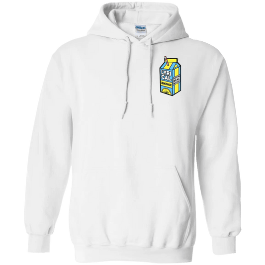 White Lyrical Lemonade Hoodie featuring a playful carton graphic on the front