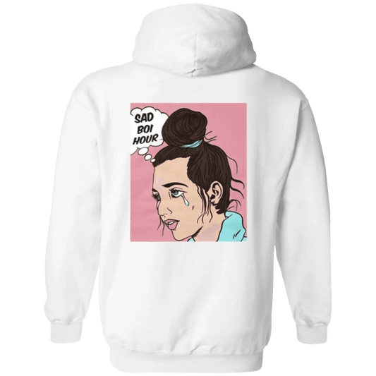 NinoGear Sad Boi Hour hoodie in white with a graphic illustration on the back featuring a girl with tears