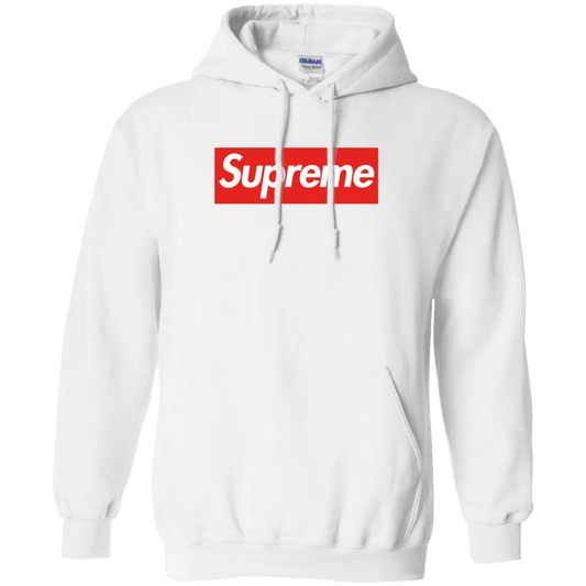NinoGear Supreme Hoodie in white with iconic red logo for casual streetwear style